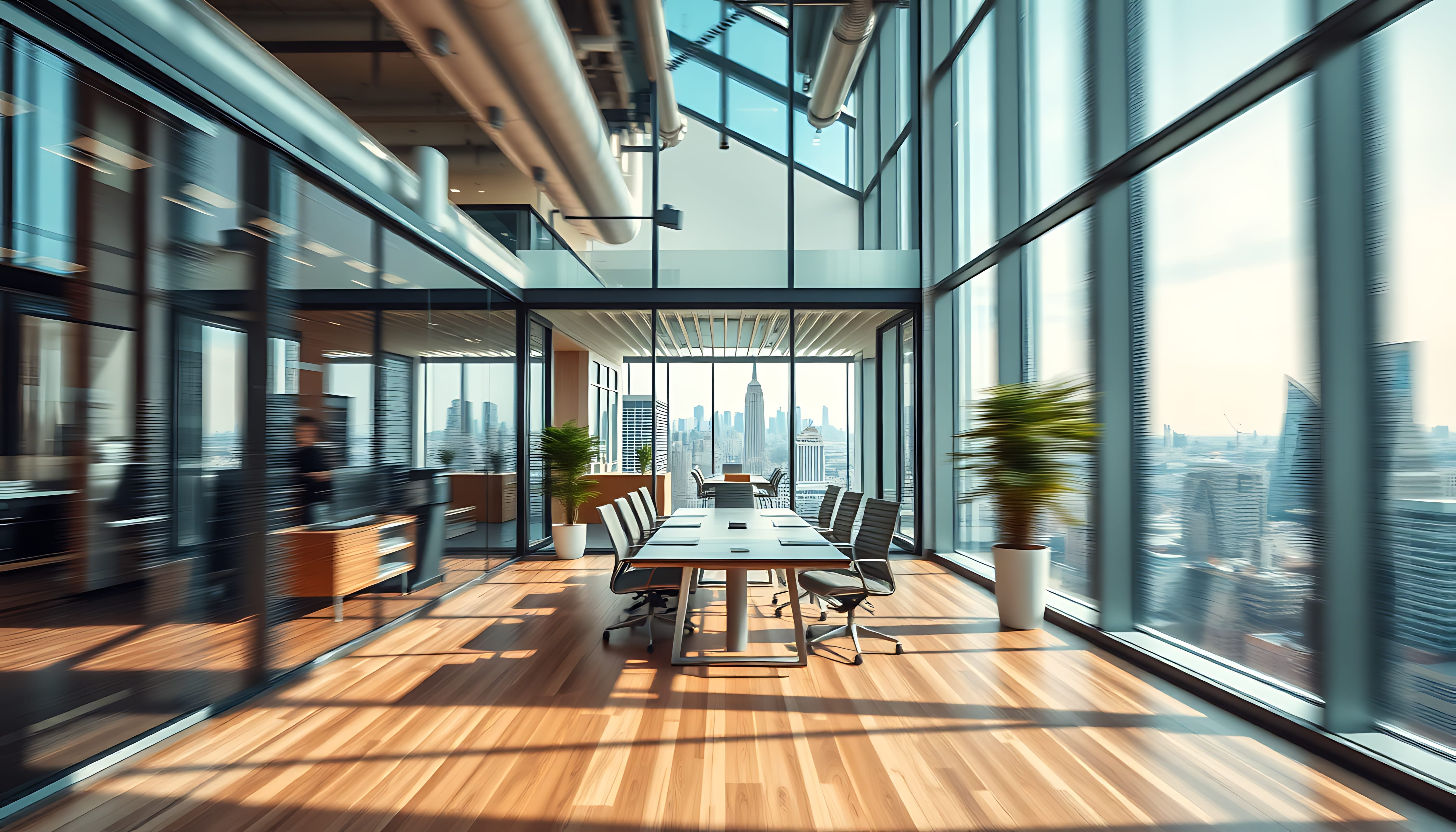 Sunlit modern office interior with floor-to-ceiling windows overlooking a city skyline