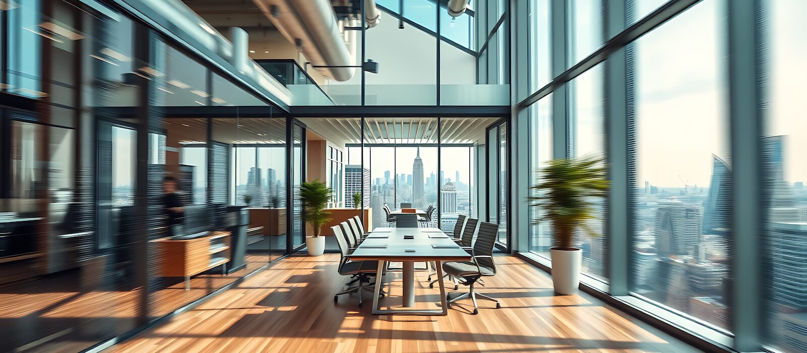 Sunlit modern office interior with floor-to-ceiling windows overlooking a city skyline